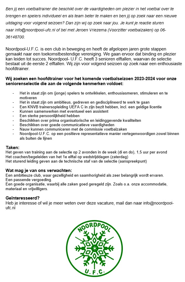 Vacature hoofdtrainer Noordpool